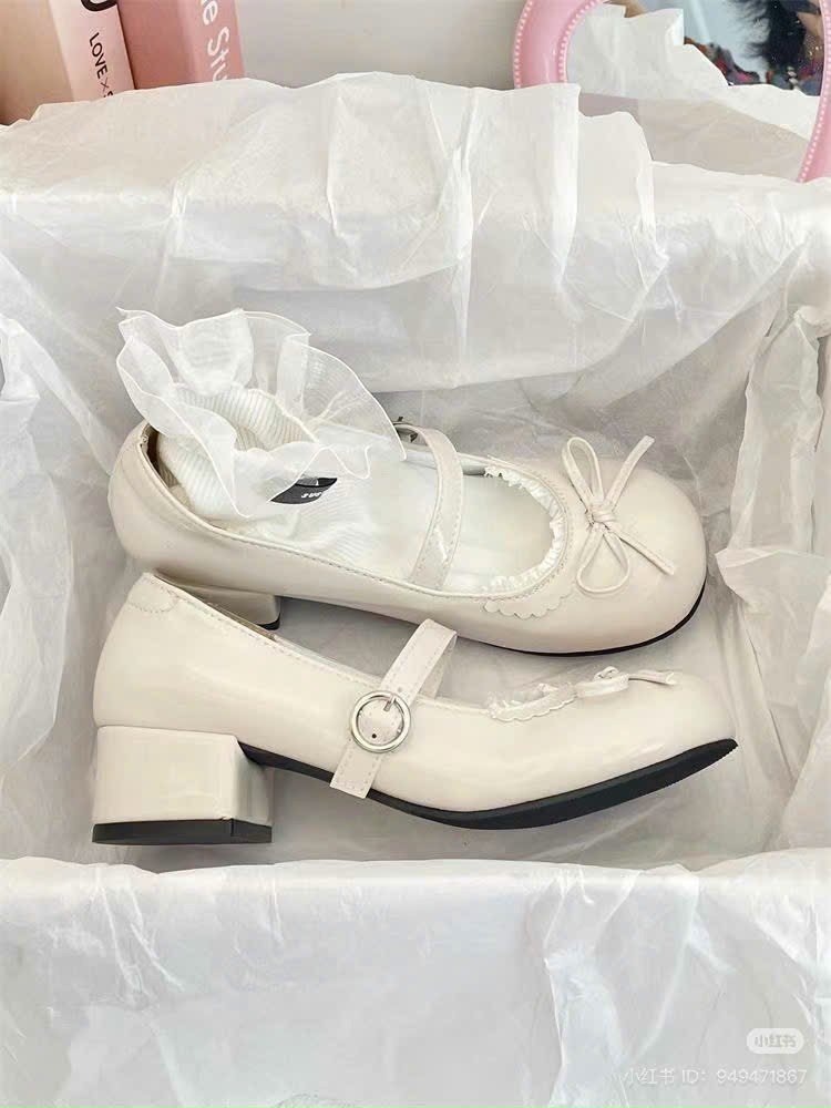 (FREESHIP) DOLLY SHOES - Giày Búp Bê Nữ Cài Quai Đính Nơ Ren Đế Cao 4CM Phong Cách Lolita Gót Vuông