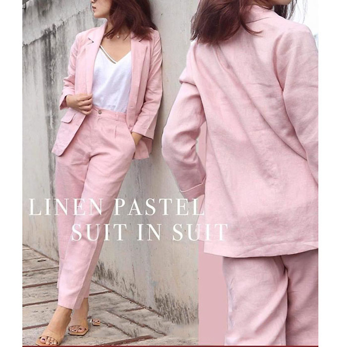 Set Bộ 3 Món SLINEN Áo Vest Blazer Nữ Linen Cổ Ve Vuông Công Sở Kèm Quần Ống Rộng Áo 2 Dây Trẻ Trung