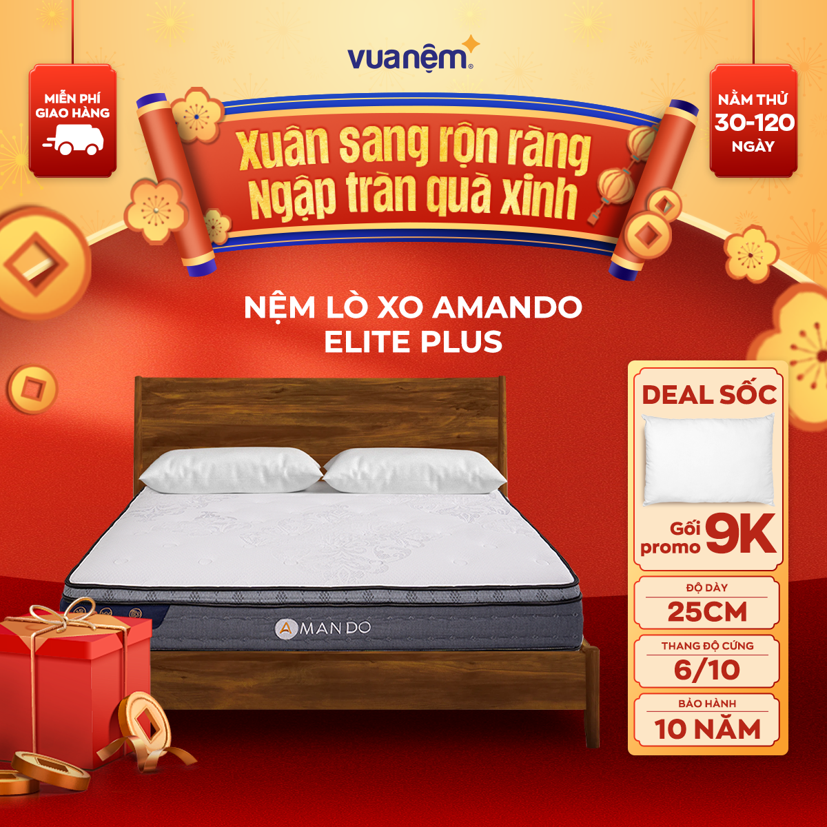 [TRẢ GÓP 0%] Nệm Lò xo túi độc lập Amando Elite Plus hỗ trợ bảo vệ xương khớp thoáng khí điều hòa th