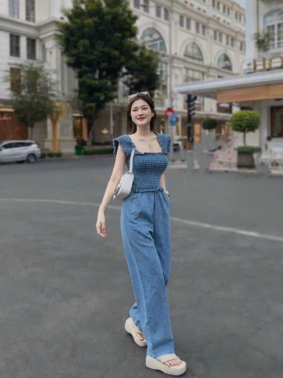 Set thời trang giả jean áo nhún thun ngắn tay mix quần dài phong cách Set bộ nữ siêu HOT quần jean d