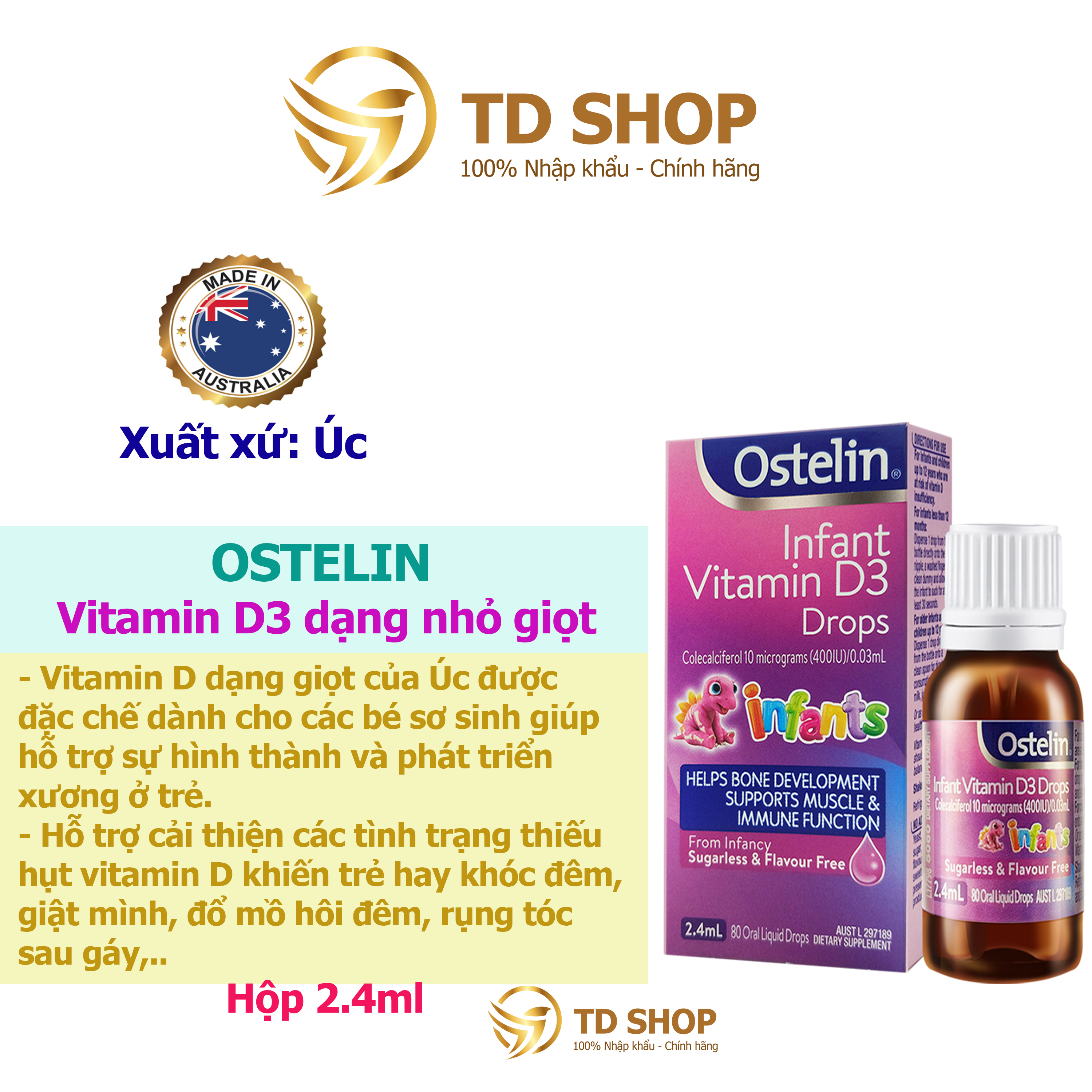 Vitamin D3 400 IU dạng giọt cho trẻ sơ sinh Ostelin Infant Kids Drops 2.4ml phòng ngừa tình trạng còi xương - TD Shop