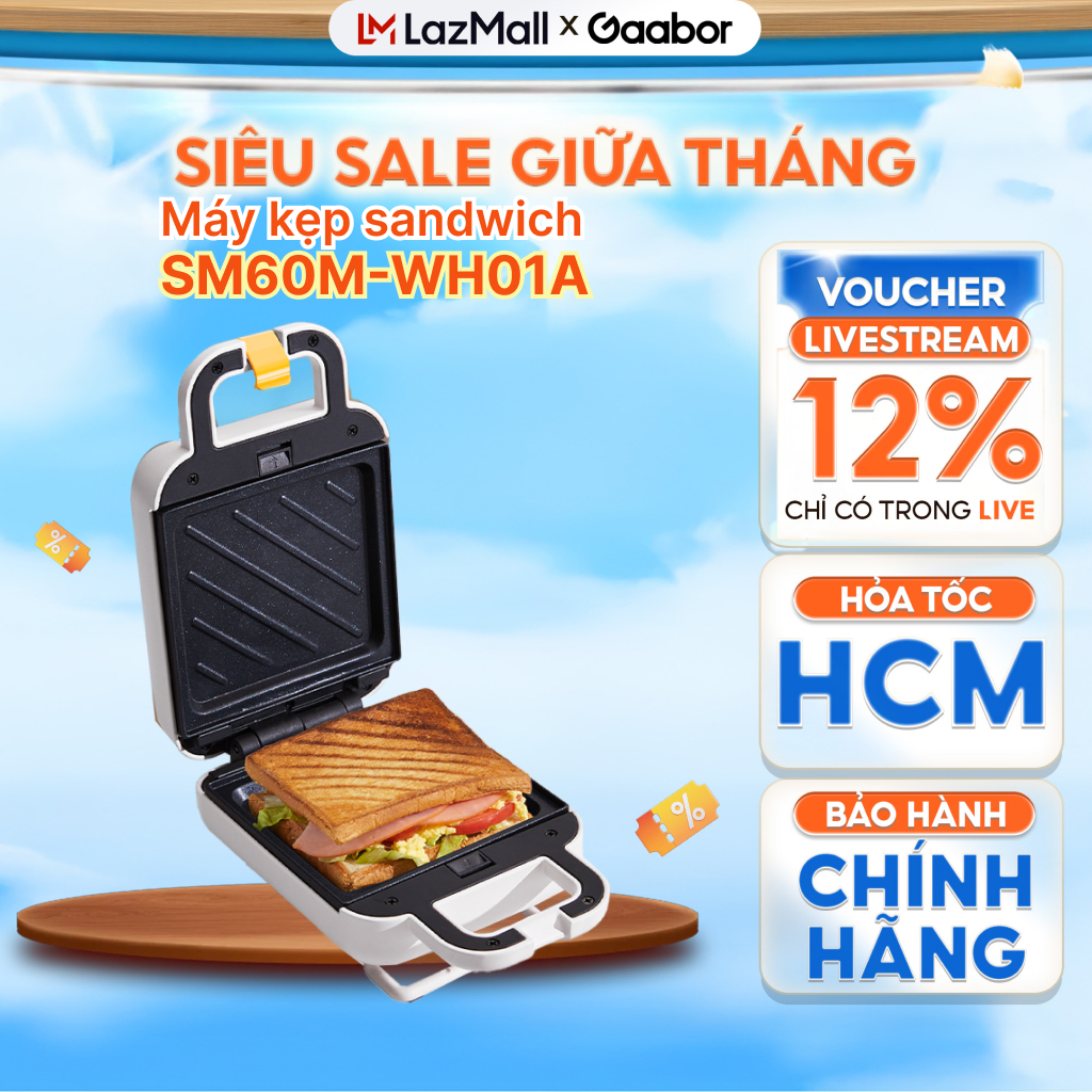 Máy kẹp bánh mì sandwich SM60M-WH01A GAABOR nướng bánh mì rán trứng nướng thịt tiện dụng cho bữa sán