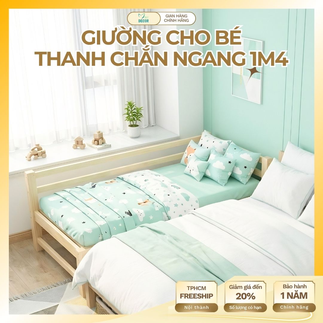 Giường Gỗ Cho Bé 1m4 Có Rào Chắn Ngang Chắc Chắn Gỗ Thông Thân Thiện Tự Lập Cho Trẻ Ngủ Riêng