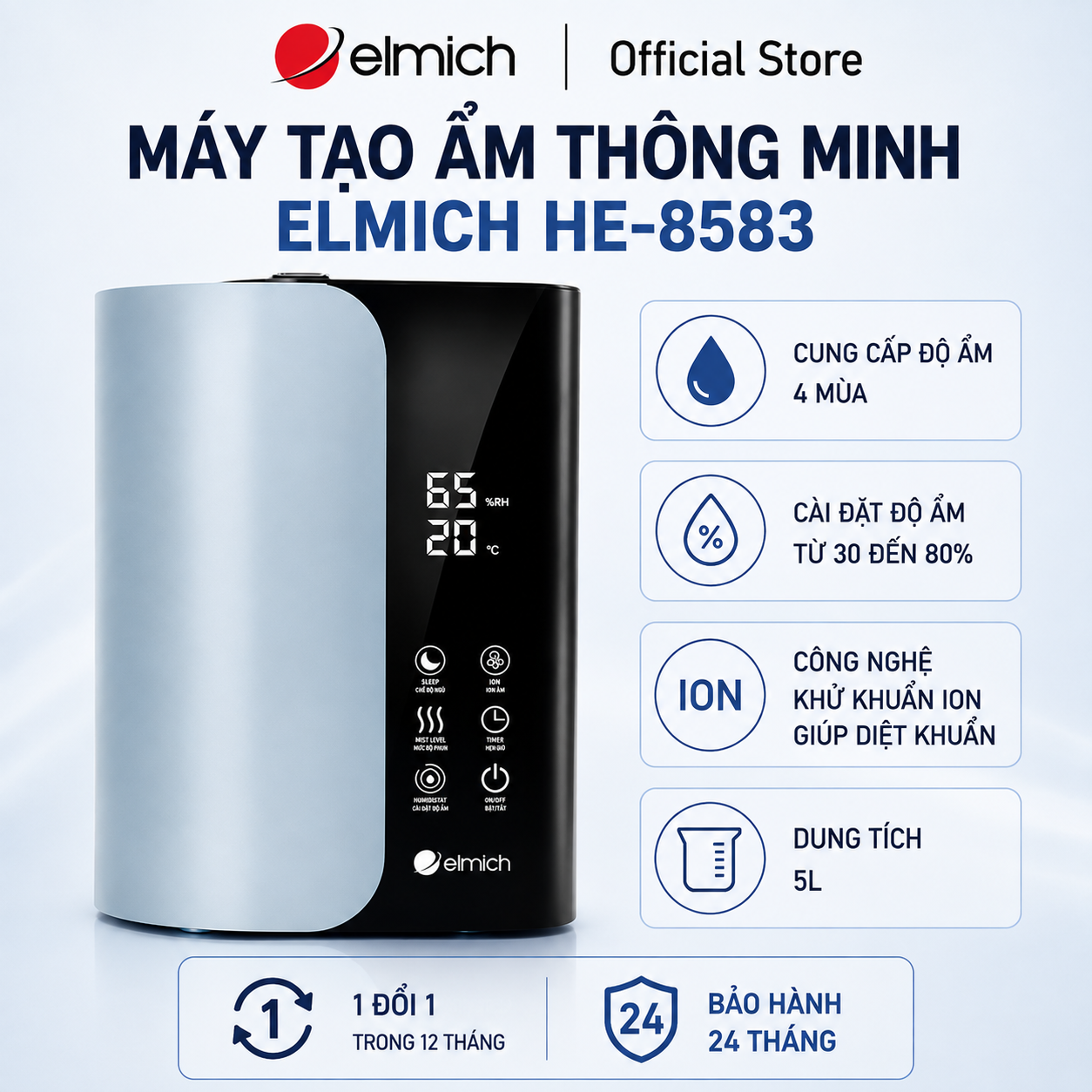 Máy tạo ẩm Elmich HE-8583 - Dung lượng 5L, Khử khuẩn ion, Điều khiển cảm ứng điện tử
