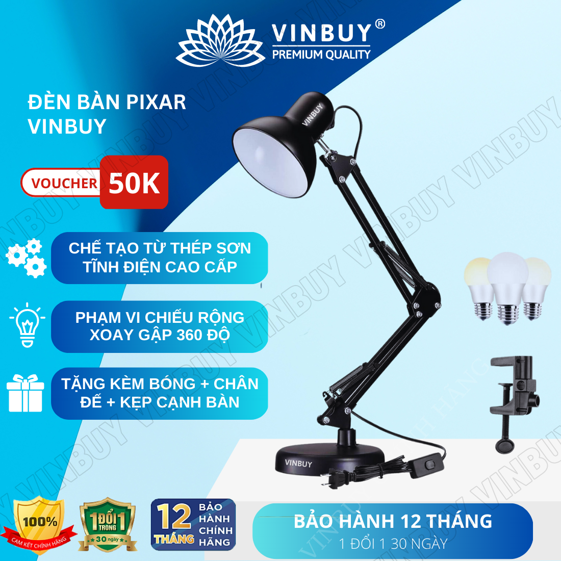 Đèn kẹp bàn học đèn bàn làm việc Pixar đọc sách chống cận bảo vệ mắt tặng đế 01 bóng đèn - Hàng chính hãng VINBUY