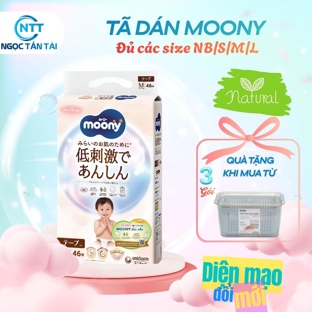 Tã dán Moony ( TRẮNG) Dịu Nhẹ siêu cao cấp NB62+4/S58+2/M46/L38
