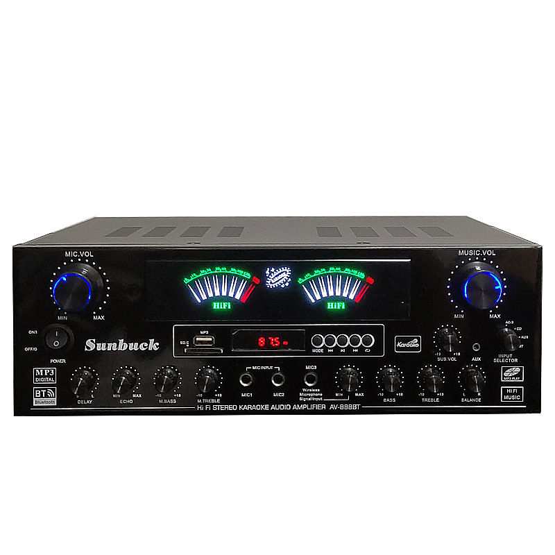 Amply Bluetooth 5.1 Sunbuck AV- 888BT Amply karaoke 3 mic công suất lớn hỗ trợ kết nối cả sub hơi và sub điện