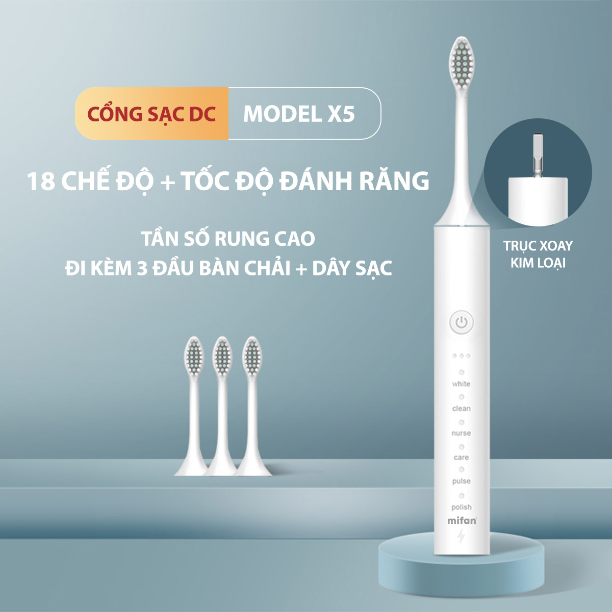 Bàn Chải Điện Mifan Sonic X5 - Máy Đánh Răng Sóng Âm Công Nghệ Đức, Pin Sạc USB, 3 Đầu Thay Thế