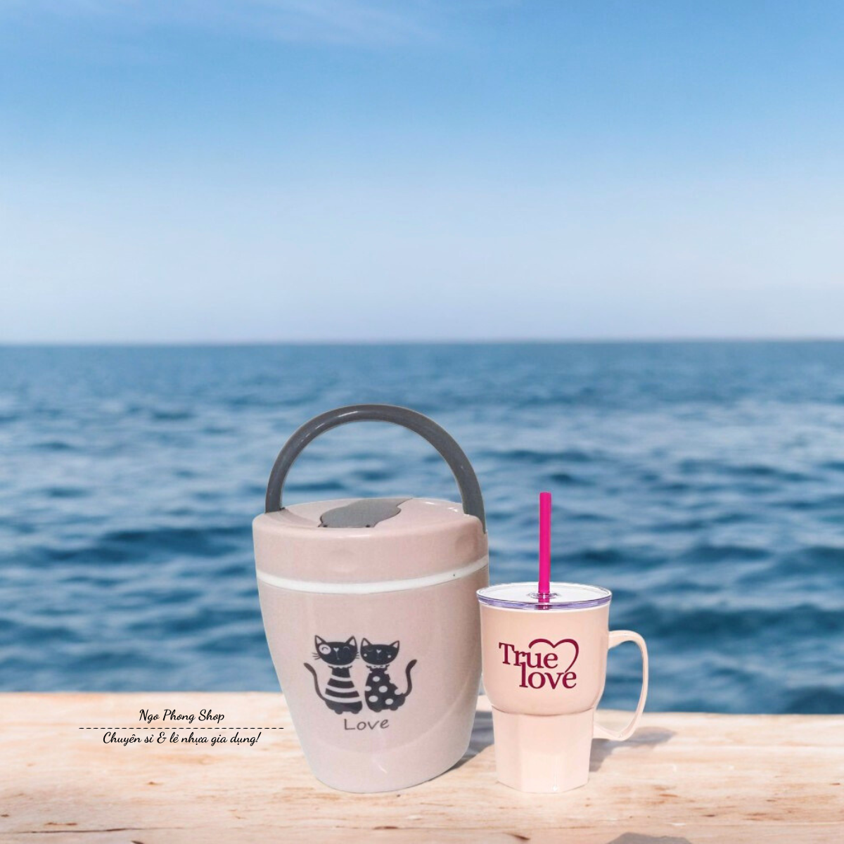 (Combo) Gào mên nhựa 1500ml + Ly nhựa 550ml Tân Lập Thành. Hộp đựng cơm 2 ngăn kèm muỗng. Độ bền cao