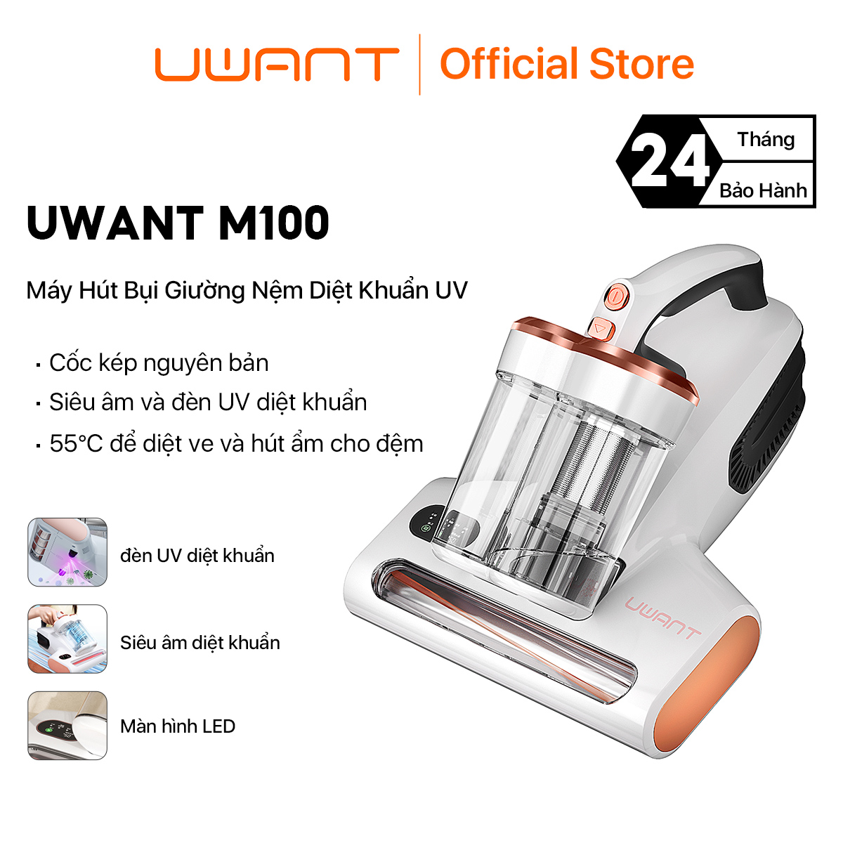 Máy hút bụi giường nệm Uwant M100 lực hút 12kPa sóng siêu âm diệt bọ ve có tia UV sấy nóng 55 độ - B