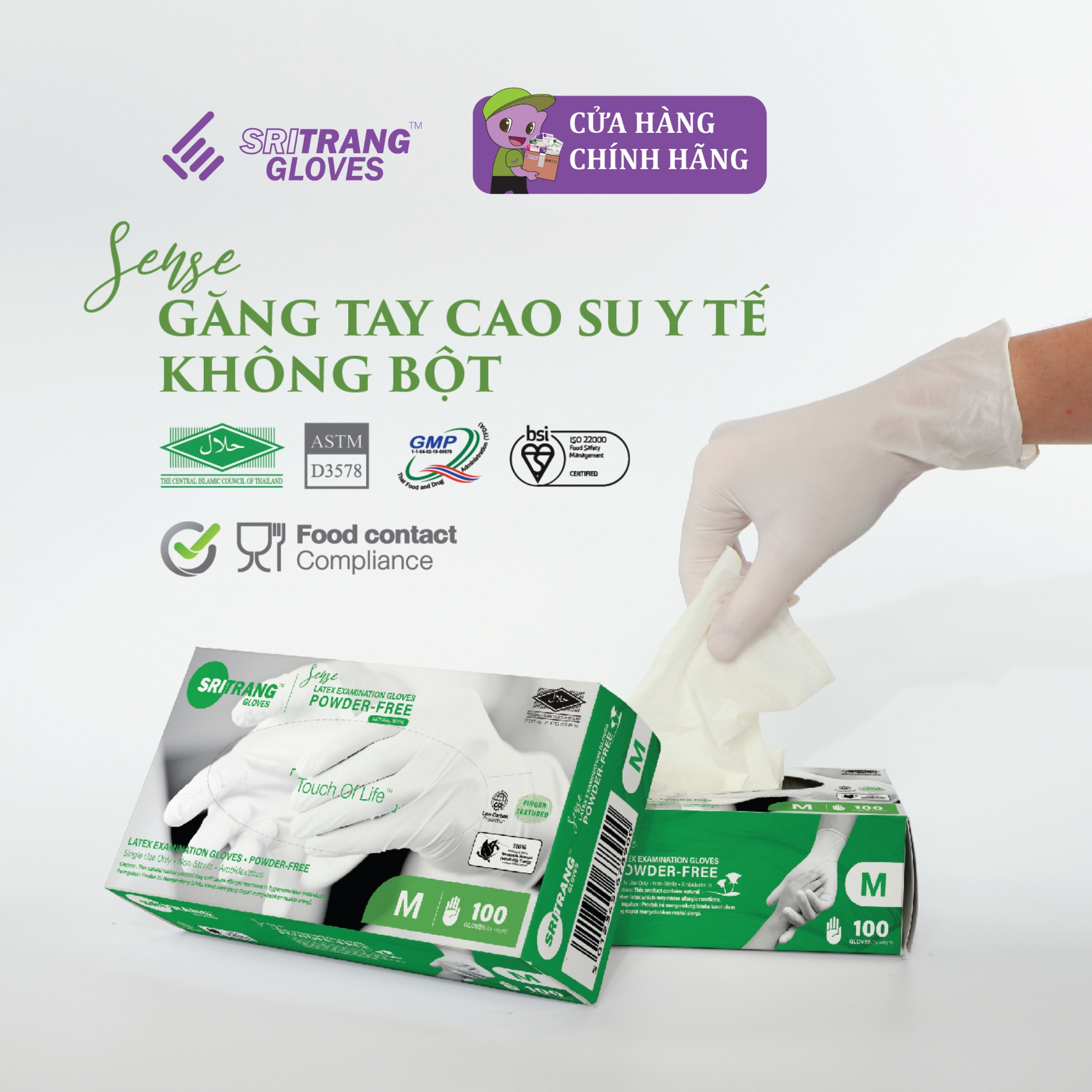 Găng tay cao su y tế Sri Trang không bột phủ polymer 6.2g