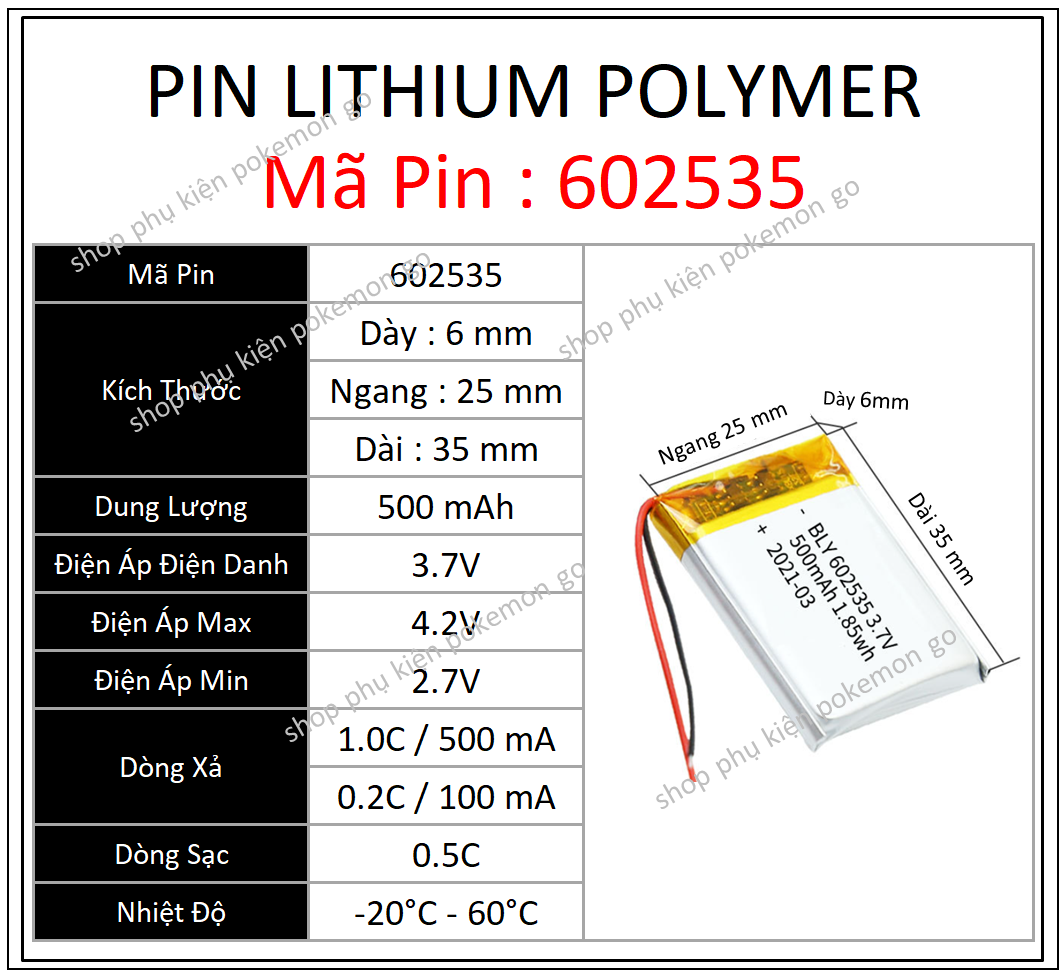 Pin Lithium - Ion 3.7V 602535 500mah