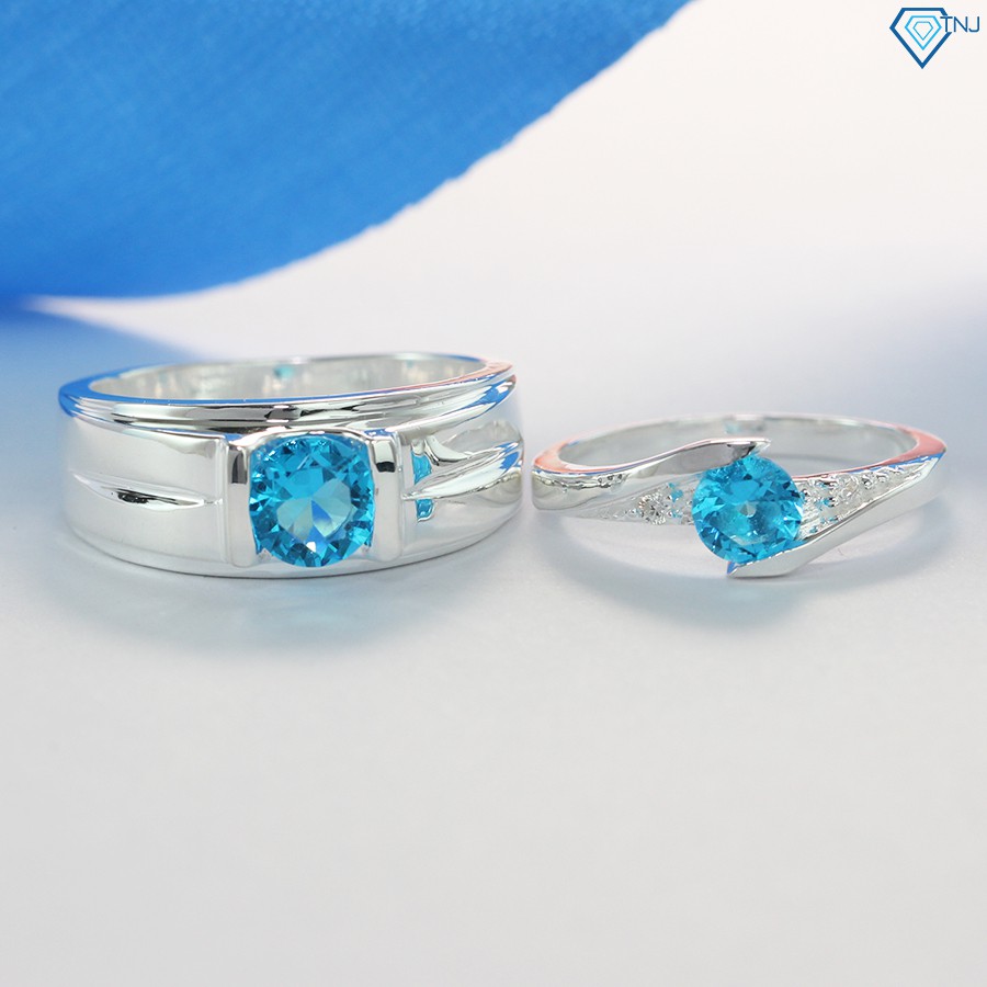 Nhẫn đôi bạc nhẫn cặp bạc đẹp nhẫn đôi bạc đính đá xanh dương ND0395 - Trang Sức TNJ