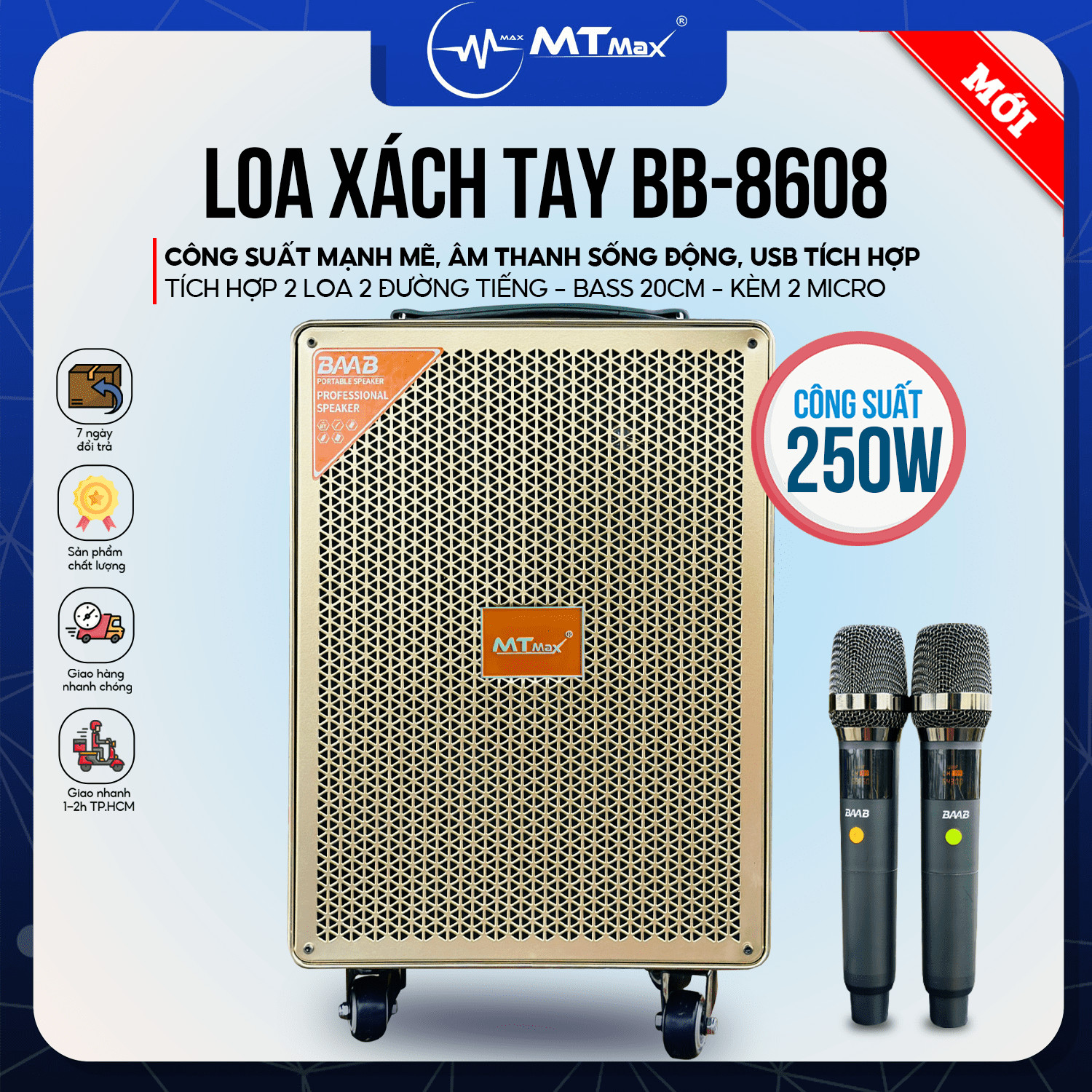 Loa Kéo Di Động BB-8608 250W Bass Đánh Siêu Lực Chuyên Nhạc Trẻ Bolero Kèm 2 Micro Không Dây Hát Kar