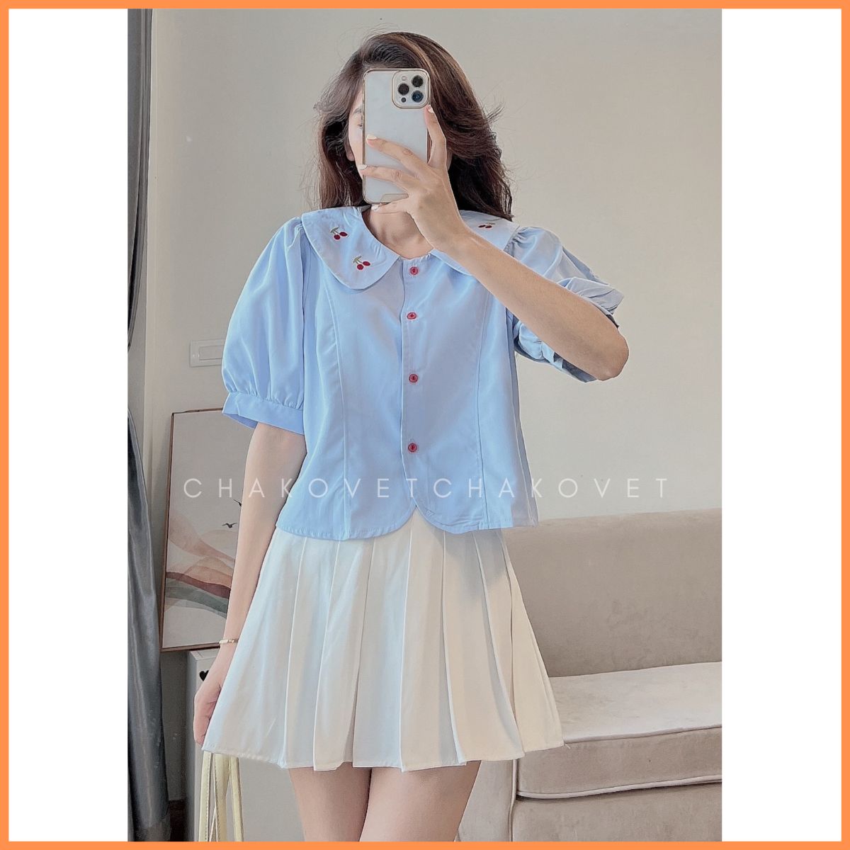 Áo sơ mi cộc tay cổ thêu sơ mi nữ bánh bèo cổ sen thêu nổi cherry mix tay phồng cúc đỏ phong cách Hà