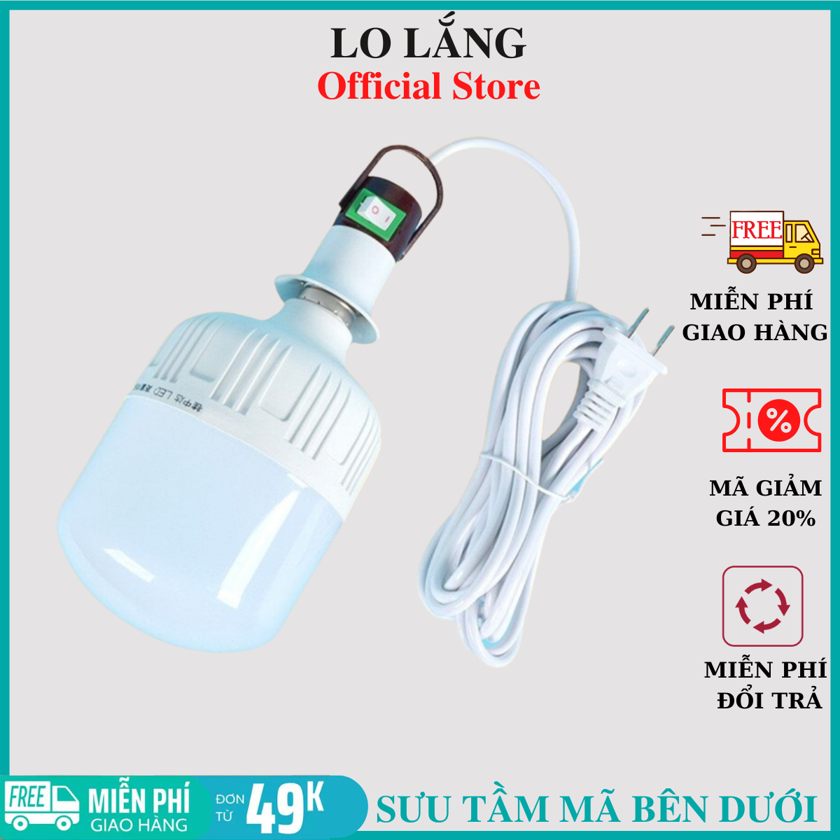 Bóng đèn led 20W kèm đuôi đèn có công tắc và dây dài 5M siêu tiết kiệm điện an toàn cao cấp