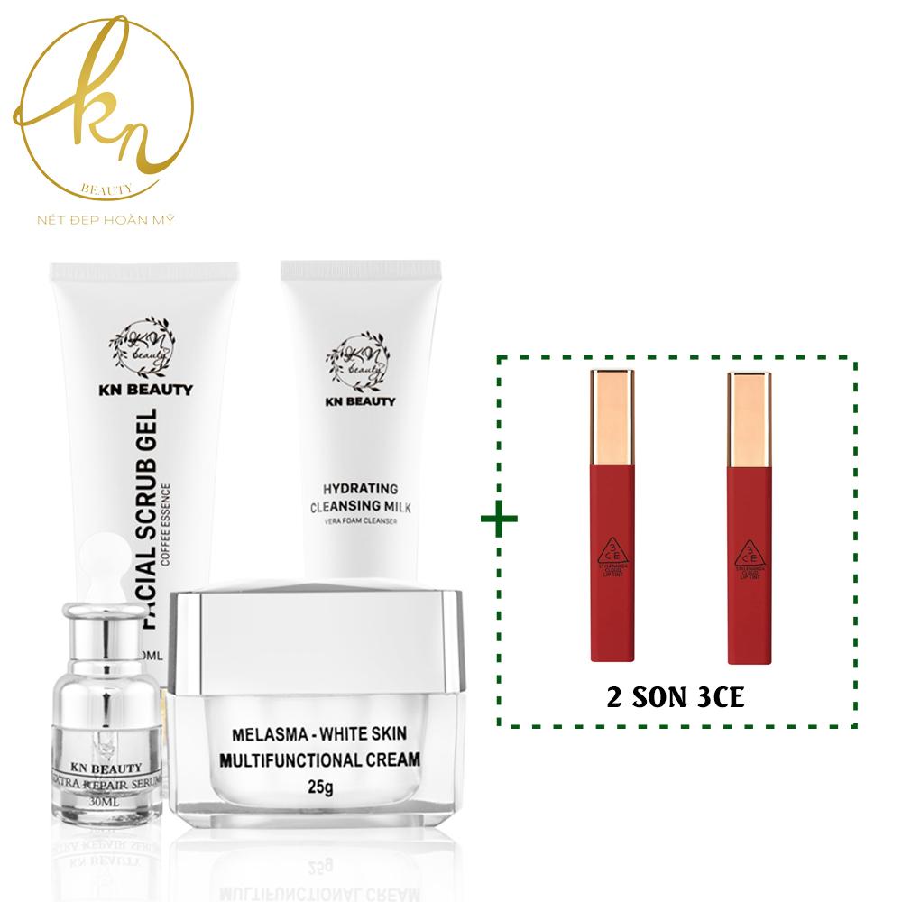 Bộ 4 Bước Chăm Sóc Da Trắng Sáng Ngừa Nám Kn Beauty Chuyên Sâu: Kem Dưỡng 25G + Serum 30Ml+ Sữa Rửa Mặt 100G+ Tẩy Tế Bào Chết 120Ml (Quà Tặng 2 Son)