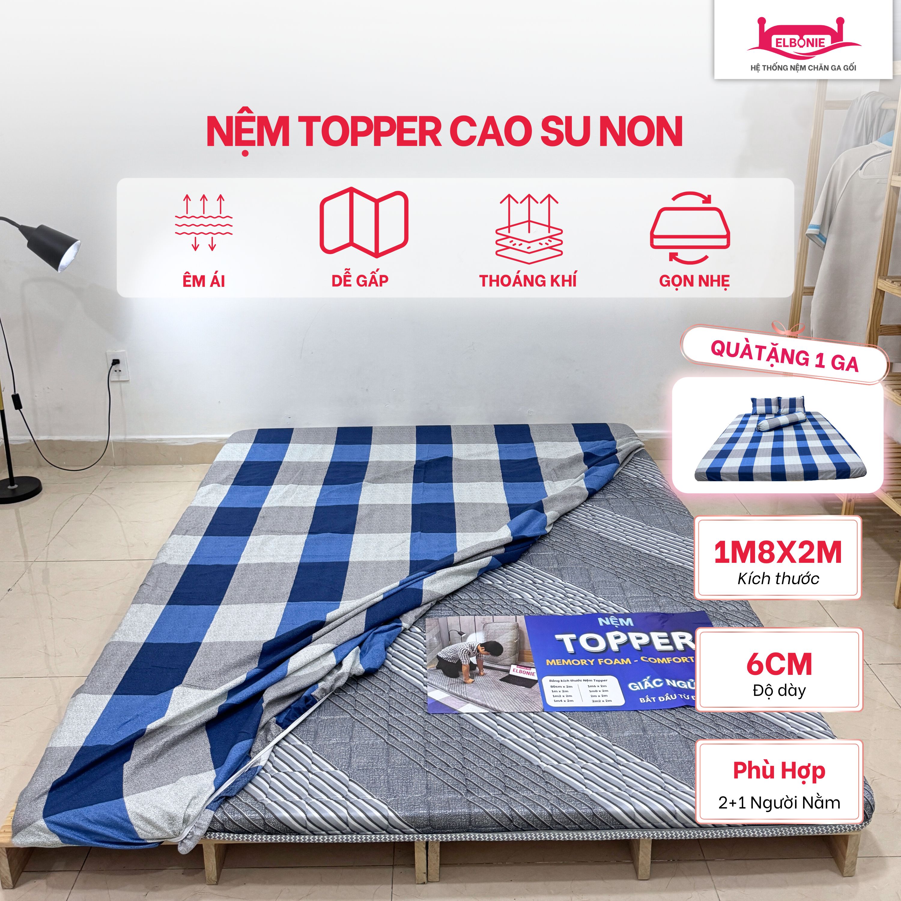 Nệm TOPPER Cao Su Non Gấp Gọn 6cm Êm Ái Nâng Đỡ Cơ Thể Không Xẹp Lún nệm văn phòng nệm ký túc xá màu