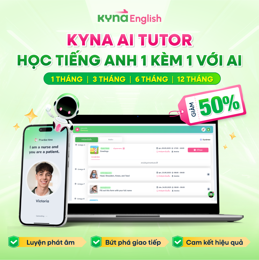 Học Tiếng Anh cùng App Kyna English AI Tutor Premium | Người lớn | 1 tháng