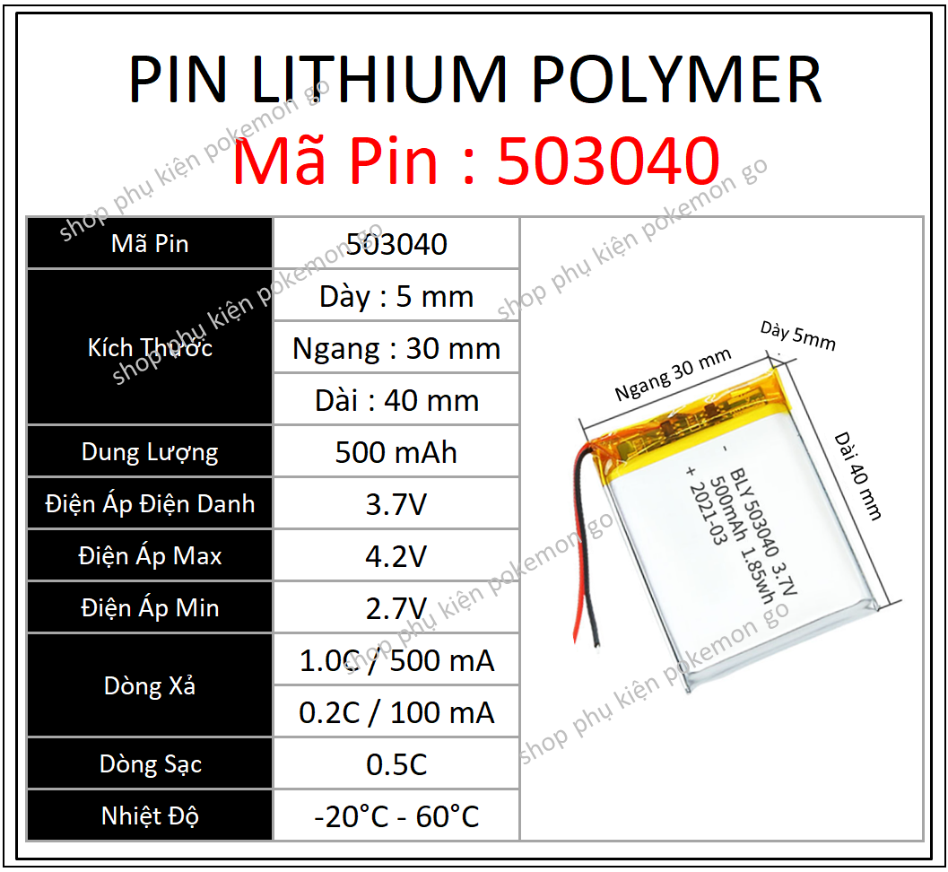 Pin Lithium - Ion 3.7V 503040 500mah