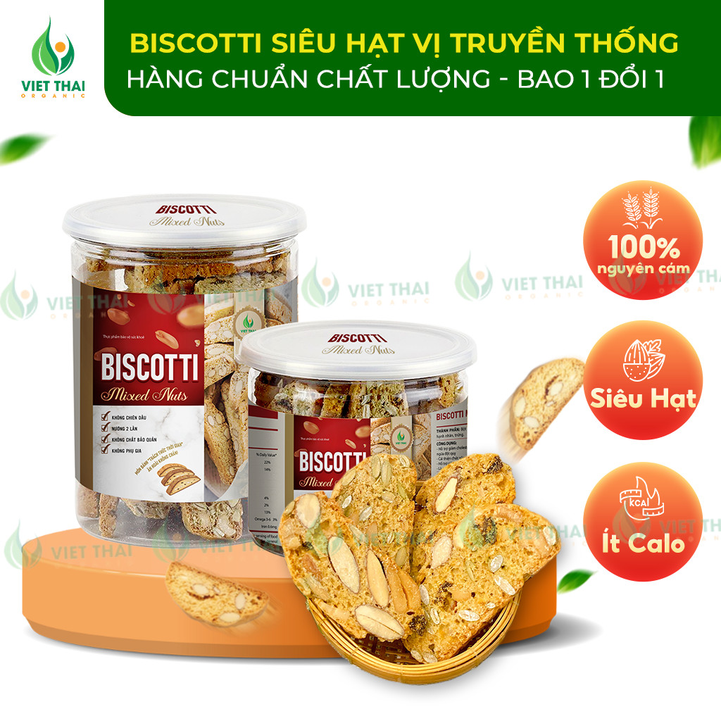Bánh Biscotti mix 3 vị ăn kiêng giảm cân heathly 100% nguyên cám siêu hạt ăn sáng dinh dưỡng Việt Thái Organic