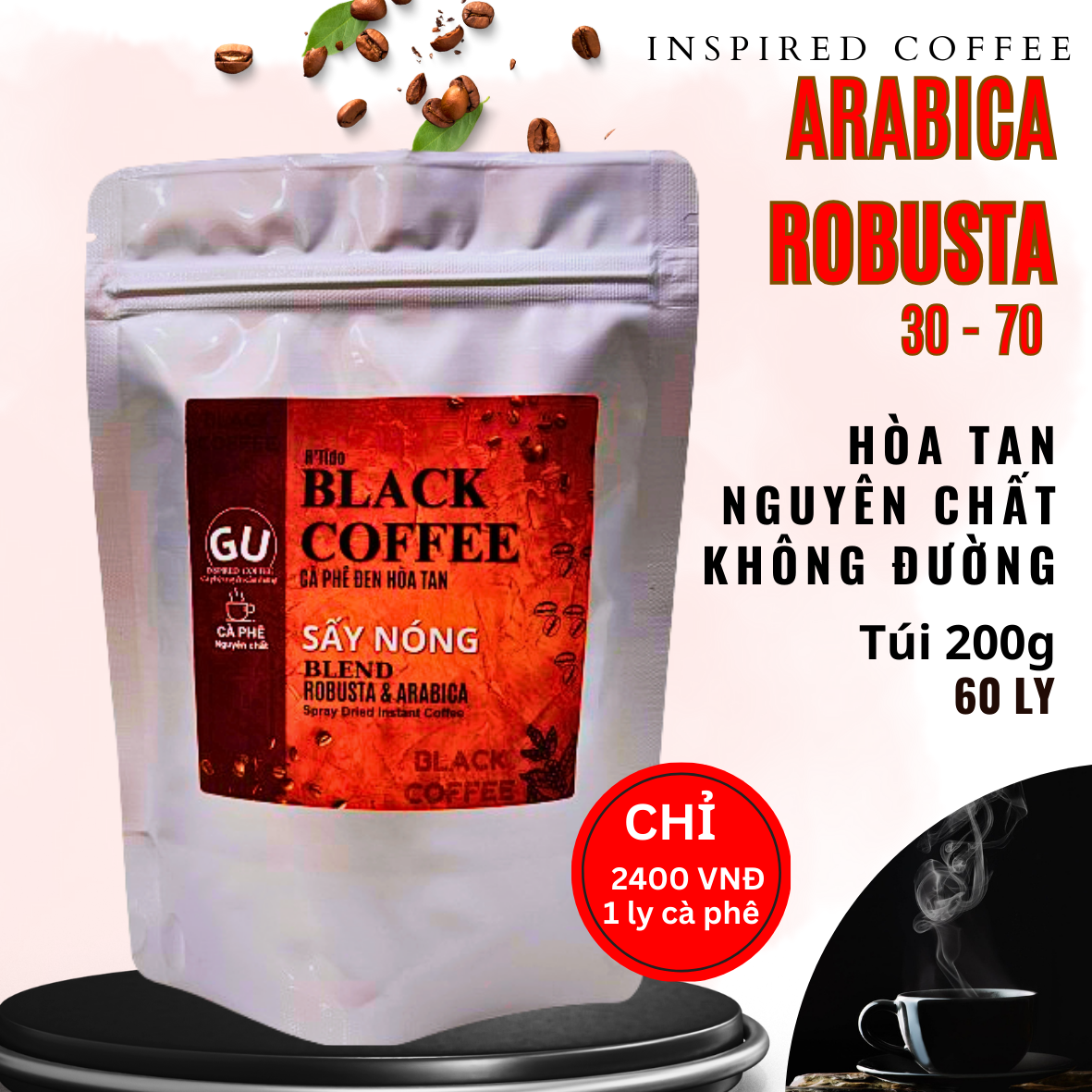 Cà phê hòa tan nguyên chất Robusta & Arabica cafe đen hòa tan không đường Black Coffee (Túi 200g)