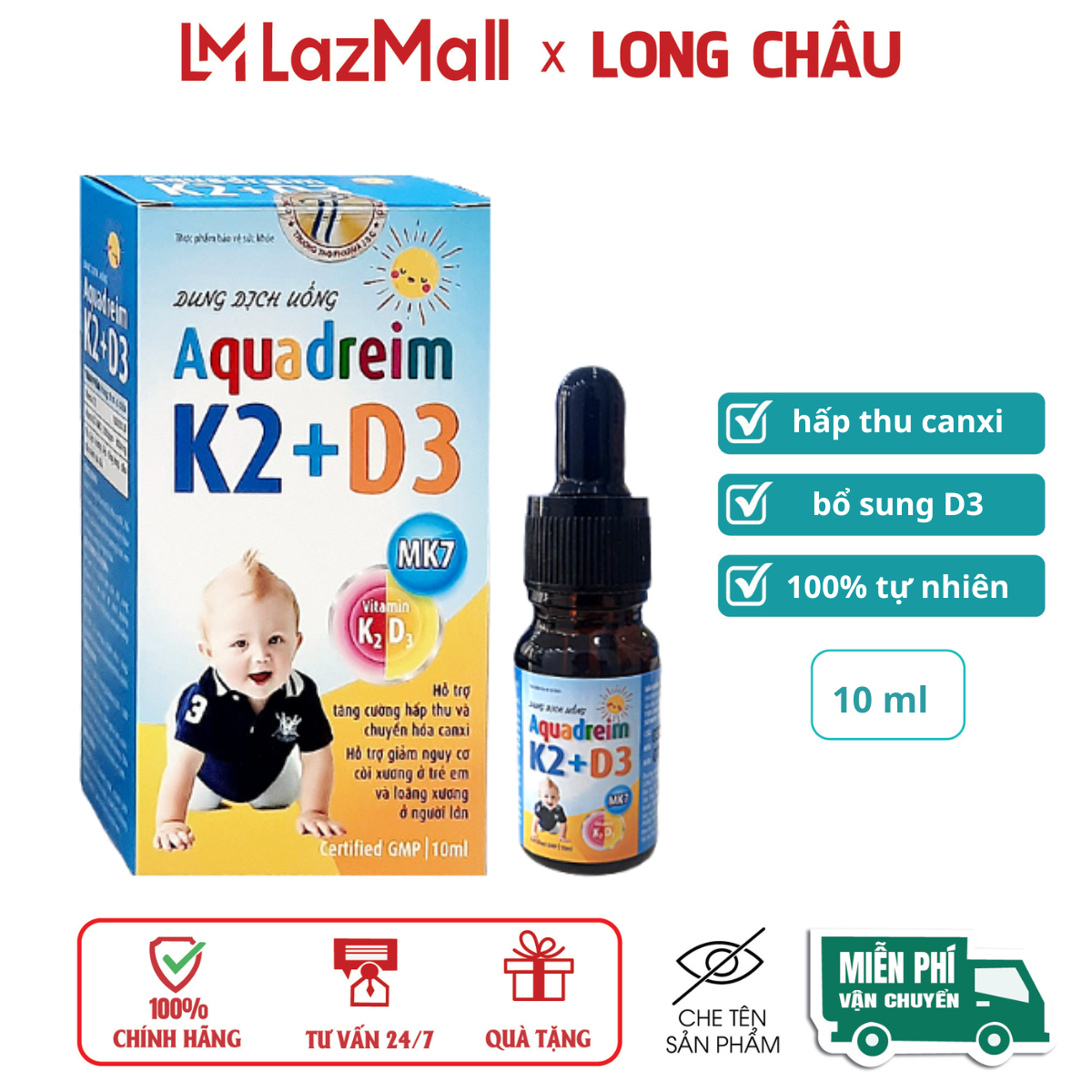 Vitamin d3 Aquadreim K2 + D3 K2 Mk7 giúp hấp thụ canxi chắc khoẻ xương – hộp 10ml