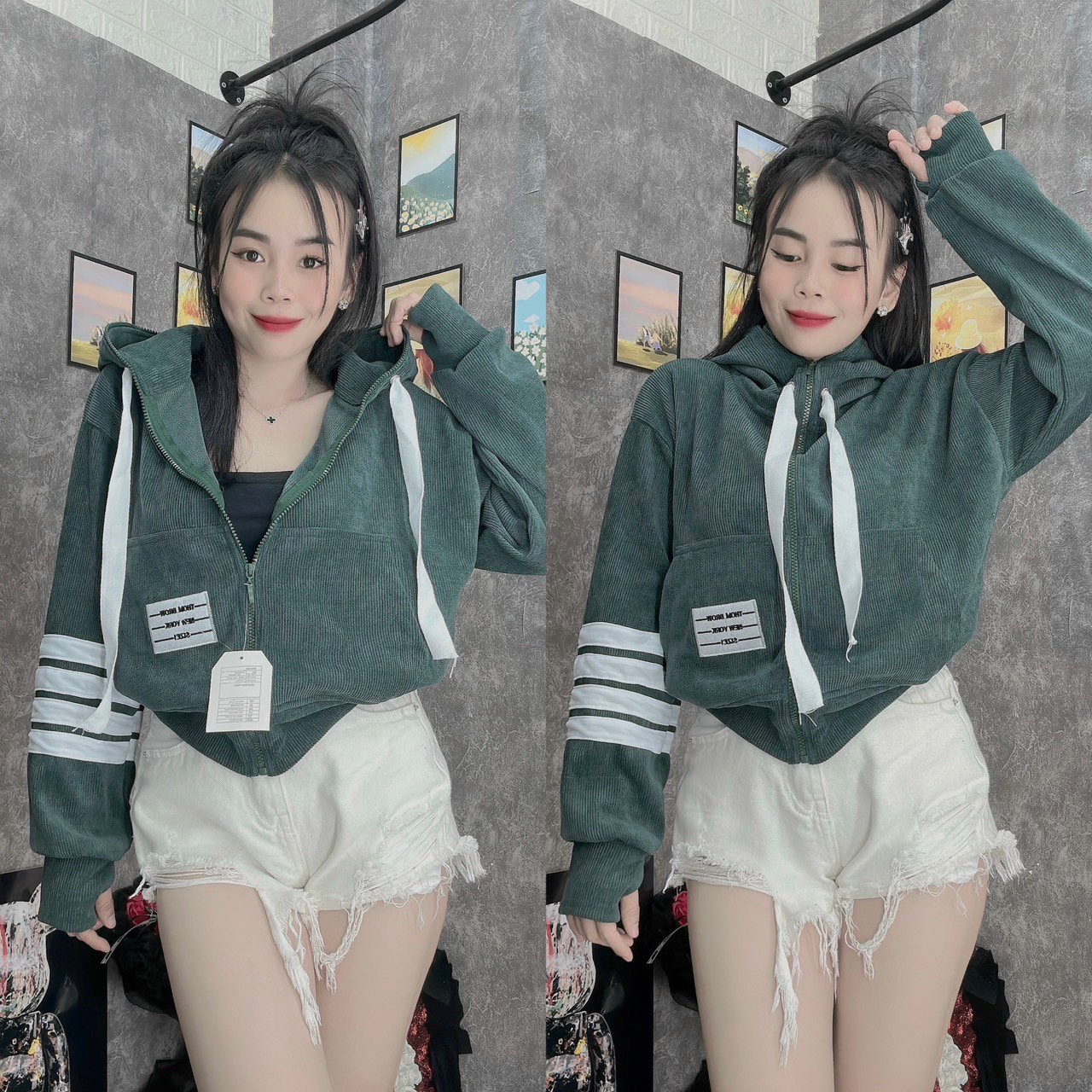 ÁO KHOÁC NHUNG GÂN TĂM NỮ DÁNG LỬNG THÊU LOGO CÓ TÚI TRONG THỜI TRANG
