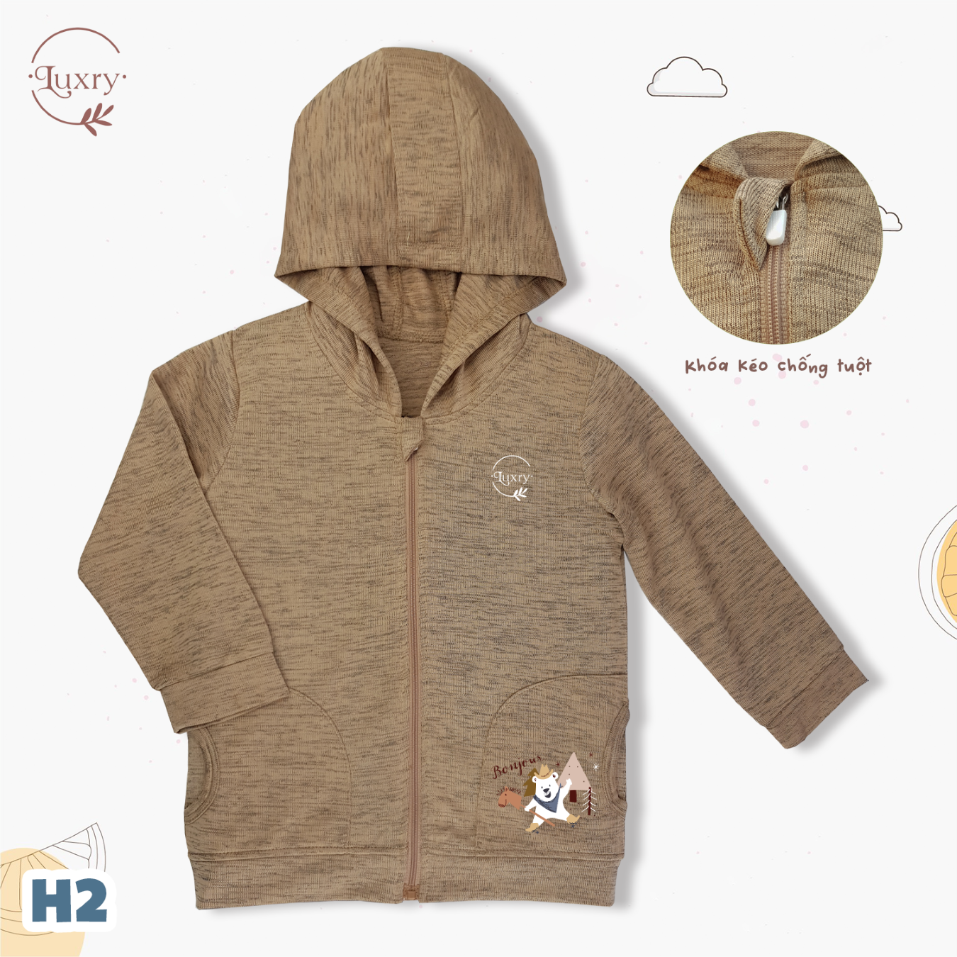 Áo khoác khóa kéo cho bé tiện lợi phối túi và mũ đáng yêu
