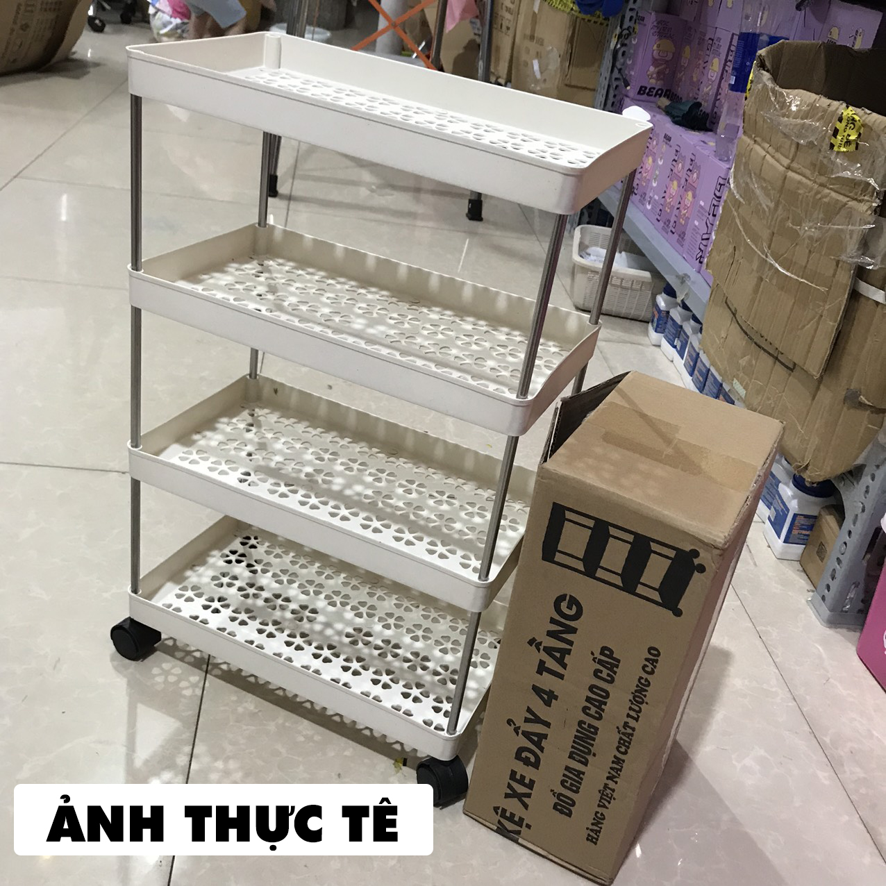 Kệ 4 tầng có bánh xe bằng nhựa Để đồ đa năng di chuyển tiện lợi Kệ nhà bếp đa năng - Kệ để đồ đa năn