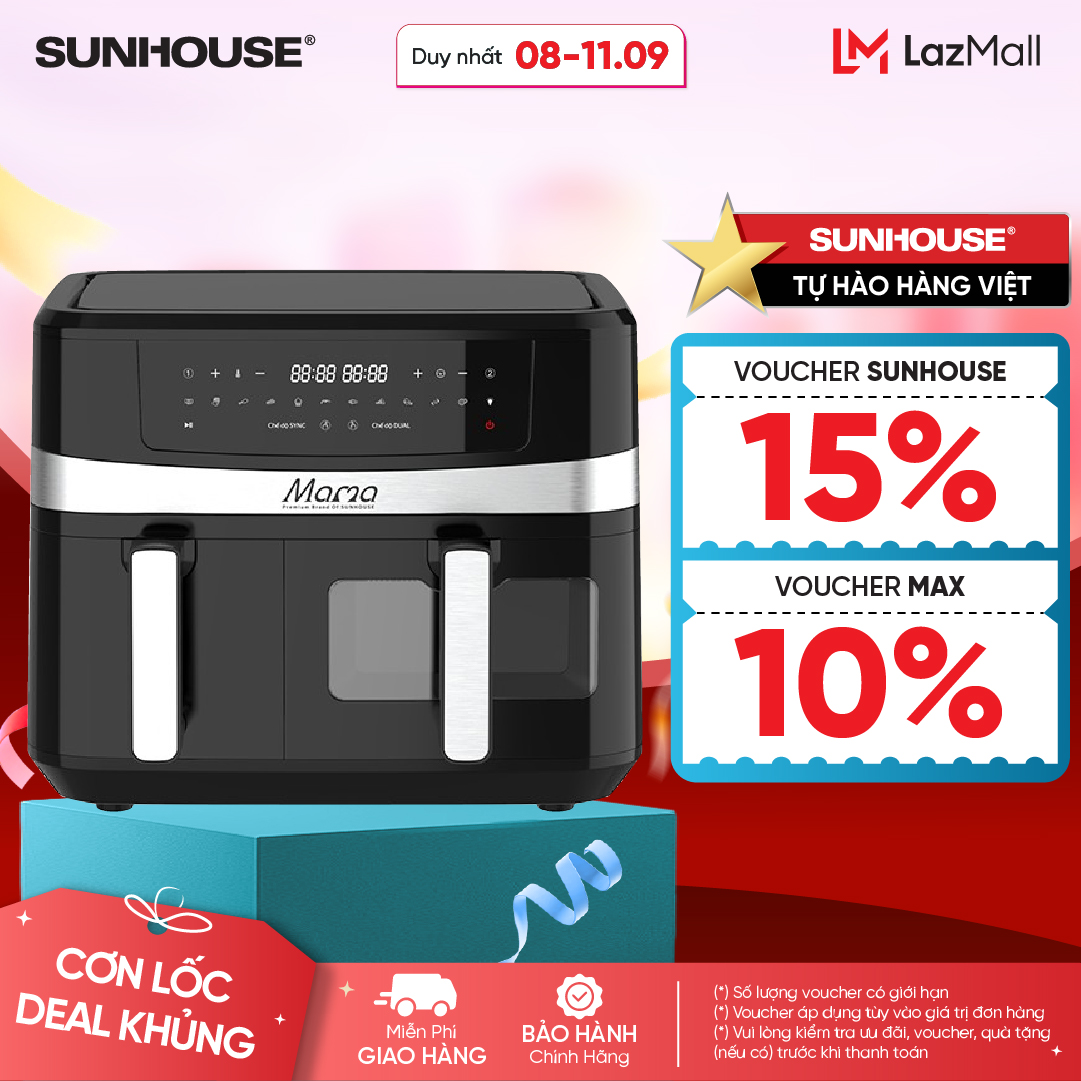 Nồi chiên không dầu 2 ngăn 10L Sunhouse Mama SHD4098 - Chế độ riêng - Tiết kiệm thời gian - Công n