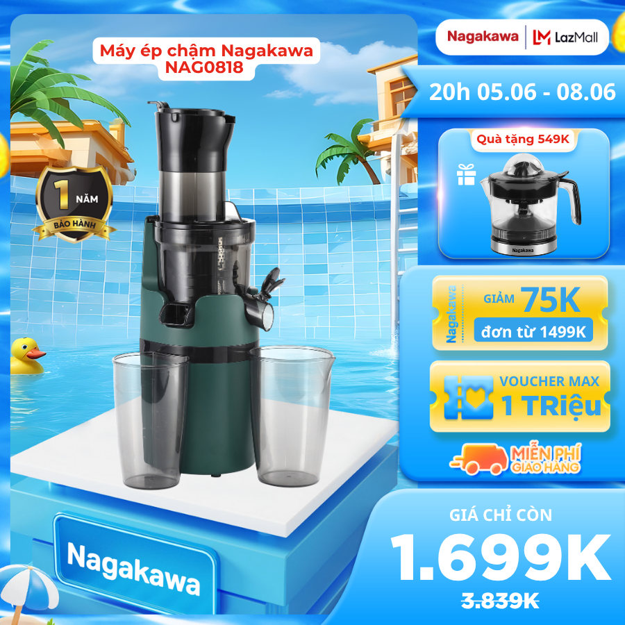 Máy ép chậm Nagakawa NAG0818 công suất 200W dung tích 1.75 lít  trục ép 6 phân đoạn kiệt bã ống tiếp