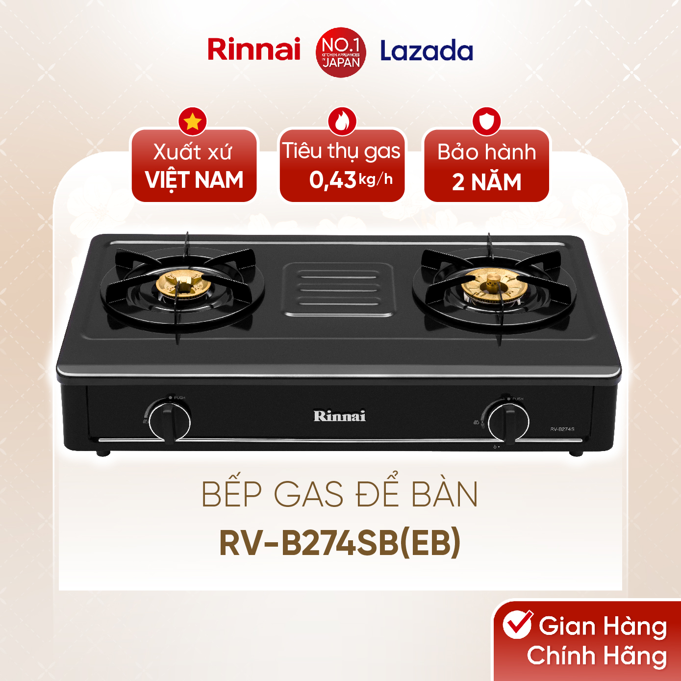 Bếp gas dương Rinnai RV-B274SB(EB) mặt bếp men và kiềng bếp men - Hàng chính hãng.