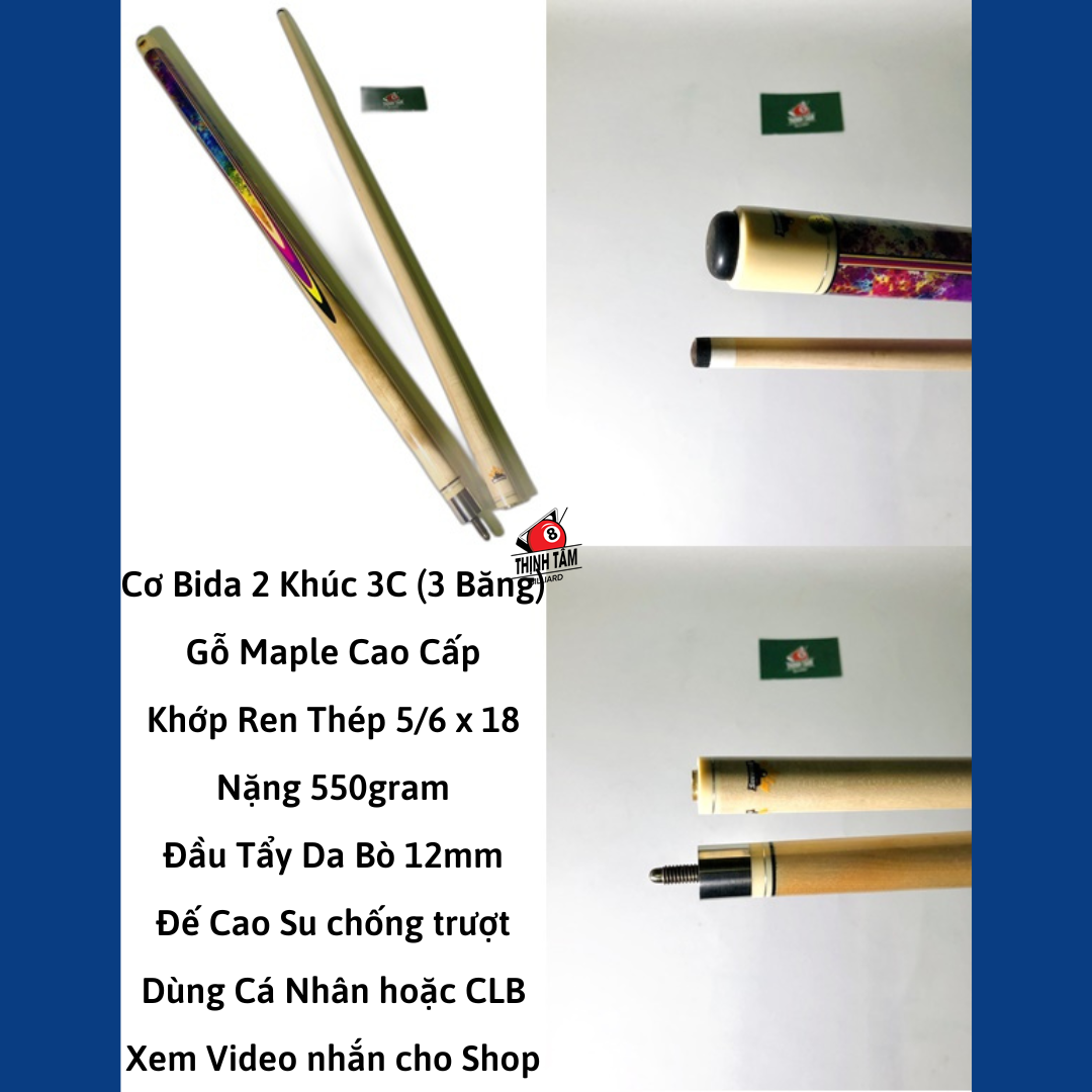 [THỊNH TÂM] Cơ Bida 2 Khúc 3C - Gậy Bi-A 3 Băng Gỗ Maple - Gỗ Sồi dành cho Cá Nhân - CLB [ GẬY BIDA 3C ]