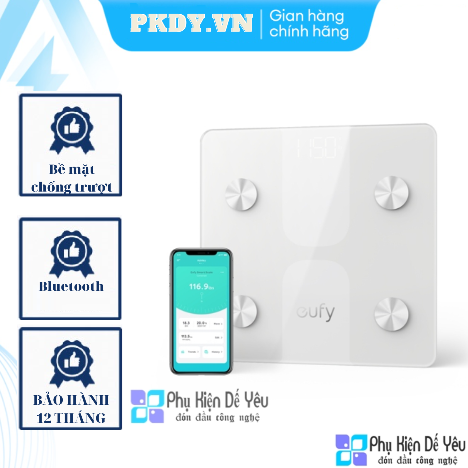 Cân sức khỏe điện tử Eufy Smart Scale C1 - Kính, LED, Bluetooth, Đen/Xanh