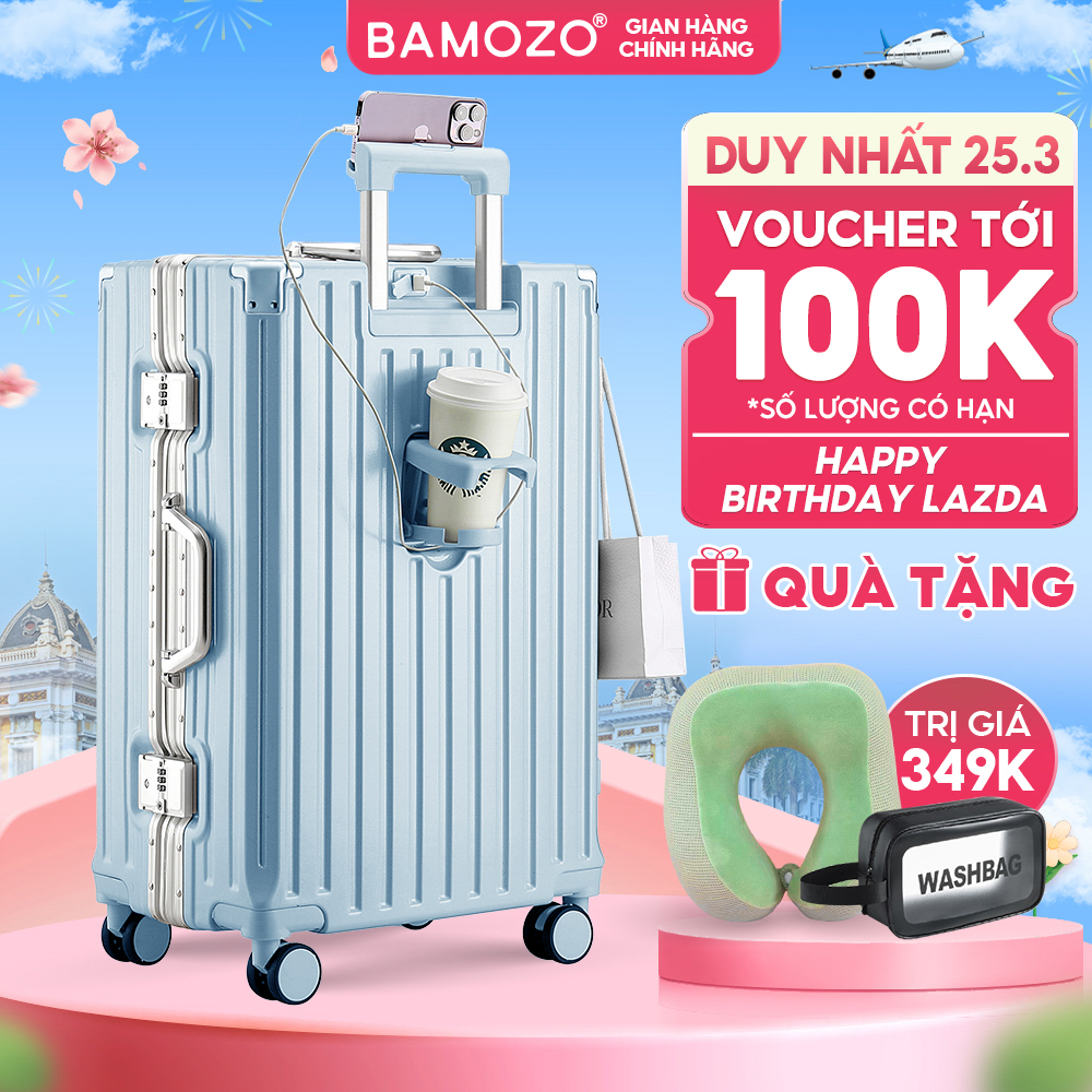 Vali Du Lịch 9066C Bamozo Size 28 Khung Nhôm Chống Trộm Cao Cấp Bịt 4 Góc Chống Va Đập Bảo Hành 5 Nă