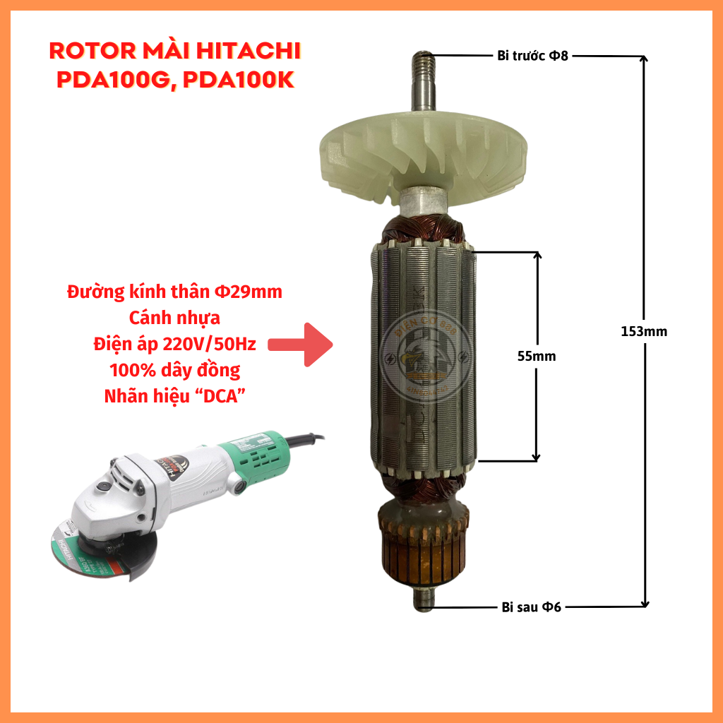 Rotor máy mài HITACHI PDA-100D PDA-100K PDA-100G Thân 29mm 220V - Tặng chổi than