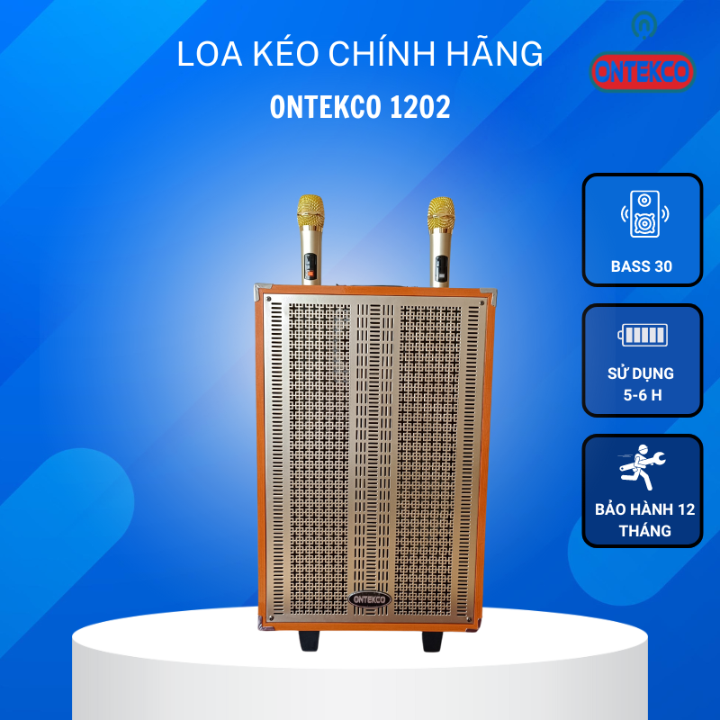 Loa kéo di động Ontekco 1202  Bass 30 kèm 2 mic hát karaoke không dây cao cấp - Mặt lưới kim loại vỏ