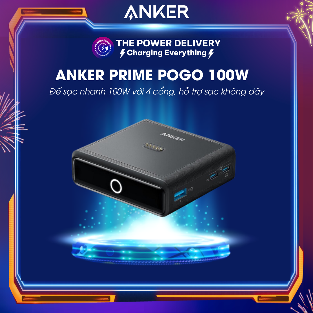 Đế sạc Anker Pogo A1902 sạc nhanh 100W với 4 cổng dành cho Anker Prime Power Bank hỗ trợ sạc không dây báo LED