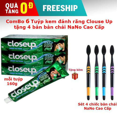 [Free Ship] Combo 6 Tuýp Kem đánh răng Closeup Thái Lan cho hơi thở thơm mát Tặng 4 bàn chải NaNo