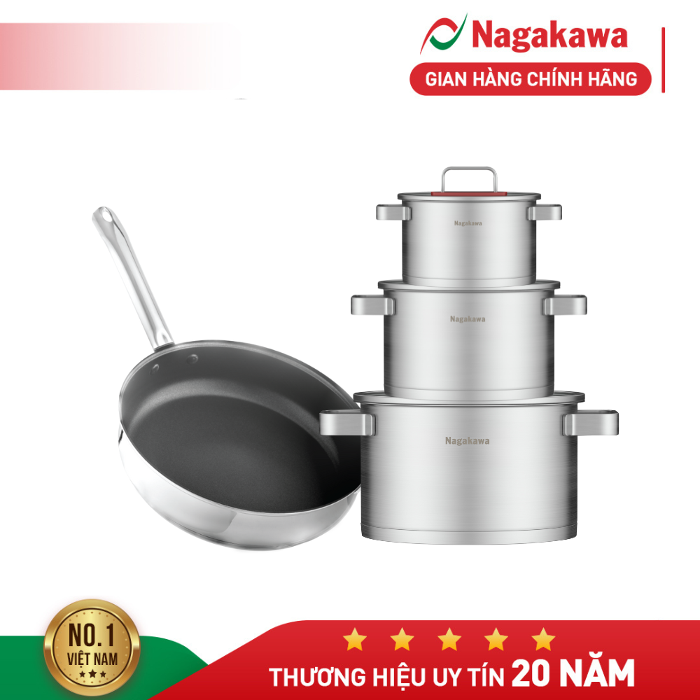 COMBO CHANH XẢ 3 NỒI 1 CHẢO CAO CẤP gồm Bộ nồi inox 3 đáy Nagakawa Aki NAG1357 và Chảo inox 5 đáy ch