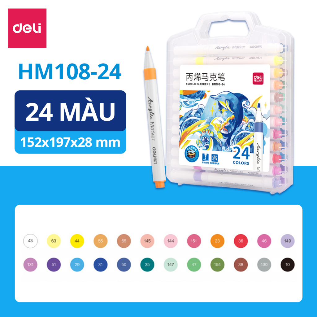 Bút Sơn Acrylic Marker 12/24/36/60 Màu Chính Hãng Deli - Lượng Mực Lớn - Không Bị Rửa Trôi - DIY Nhi