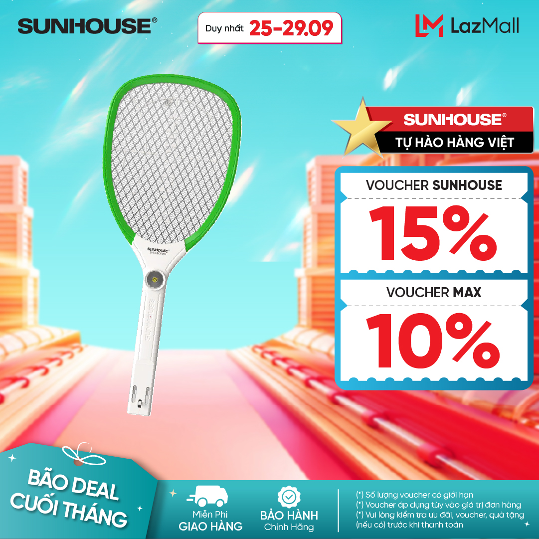 [BẢN NÂNG CẤP PIN] Vợt muỗi Sunhouse SHE-EECVM13 màu xanh  - 3 lớp lưới điện - 2 công tắc: gạt bấ