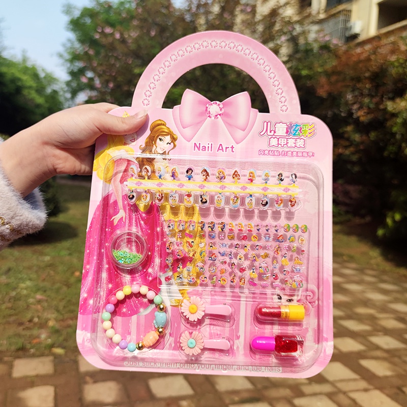 Vỉ đồ chơi làm Nail dán móng tay cho bé Bộ 24 móng tay giả kèm dán móng và đồ trang điểm hình công chúa kitty cho bé