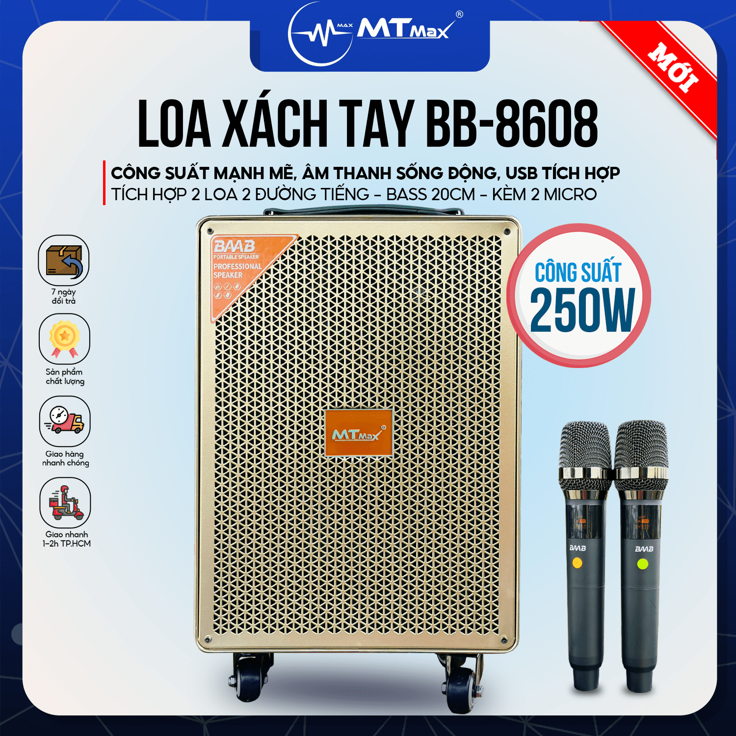 Loa Kéo Di Động BB-8608 Công Suất 250W Mạch Loa Cao Cấp Bass Đánh Siêu Lực Chuyên Nhạc Trẻ Bolero Kè
