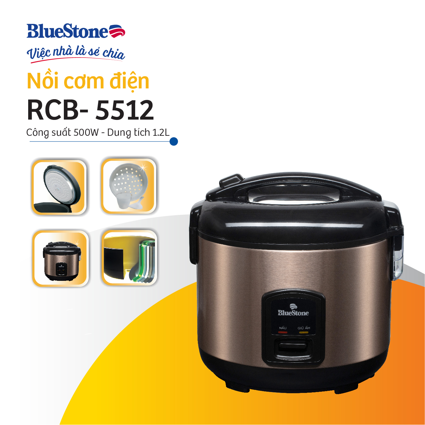 Nồi Cơm Điện Nắp Gài BlueStone RCB-5512 - Dung tích 1.2L - Công suất 500W - Lòng nồi hợp kim dày 1.5