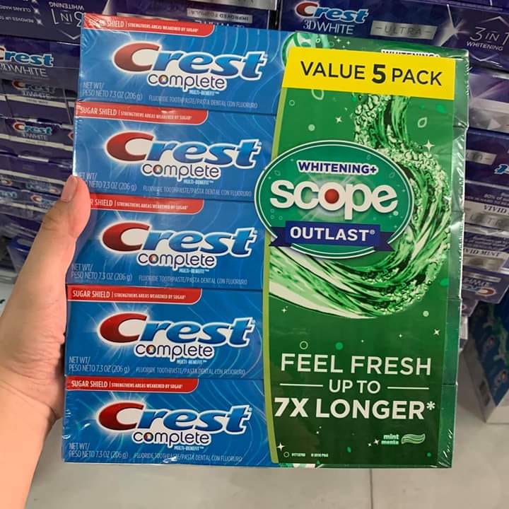 Kem đánh răng Crest complete Extra Whitening Scope Advanced Freshness Mỹ 232g – Lốc 5 cây