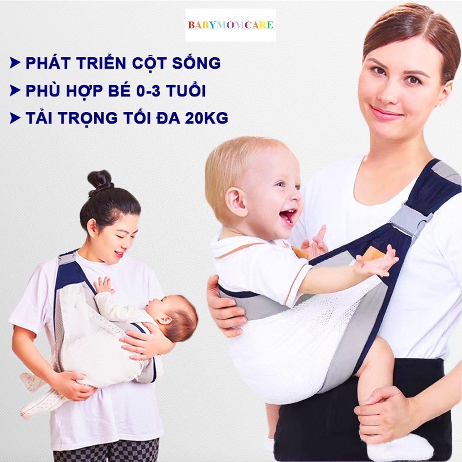 Địu đa năng đeo một vai trợ lực 4 tư thế vải lưới mềm mại chống gù lưng dễ sử dụng phù hợp cho bé 0-3 tuổi.