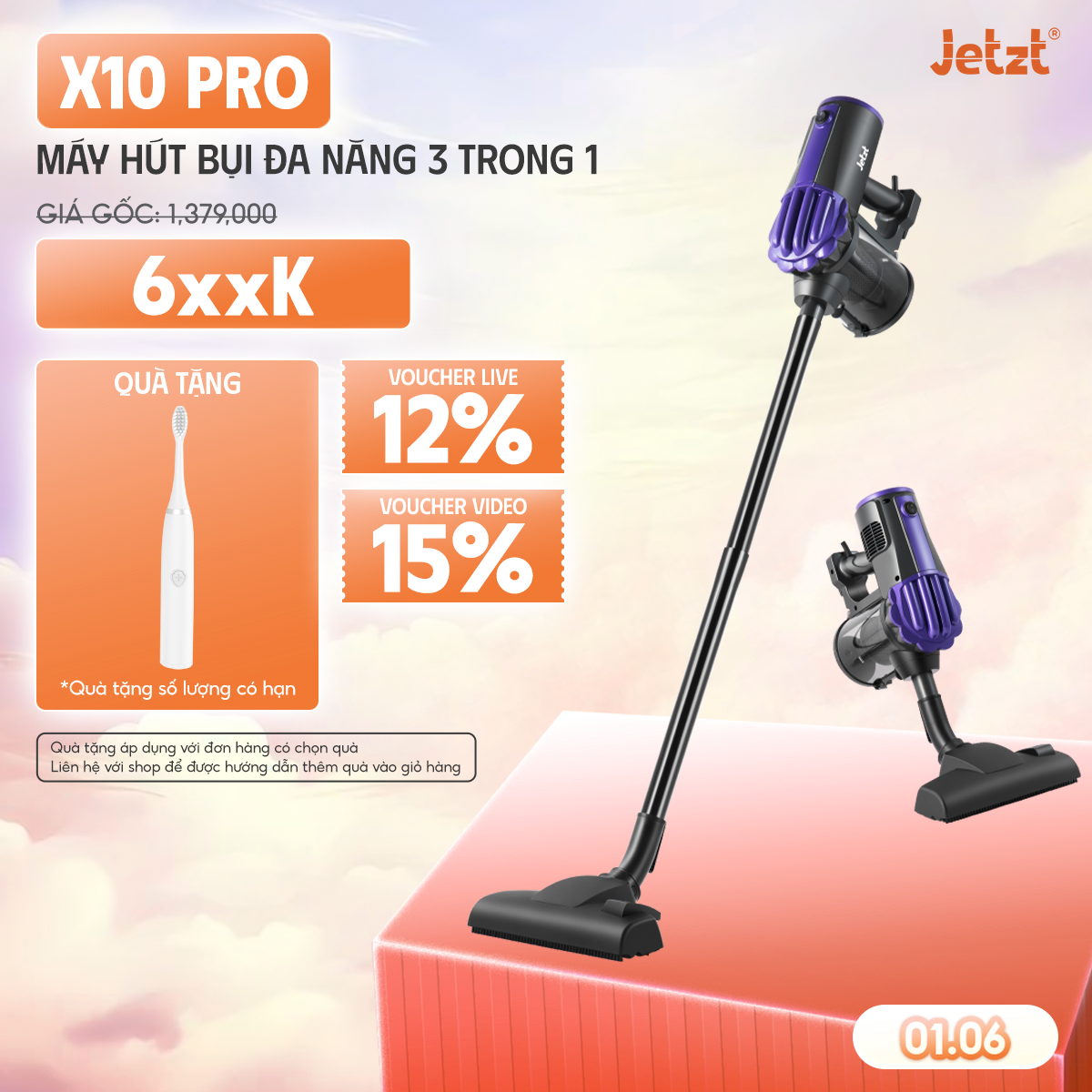 Máy hút bụi cầm tay có dây JETZT X10 PRO - Dung lượng 0.8L, màu Đen
