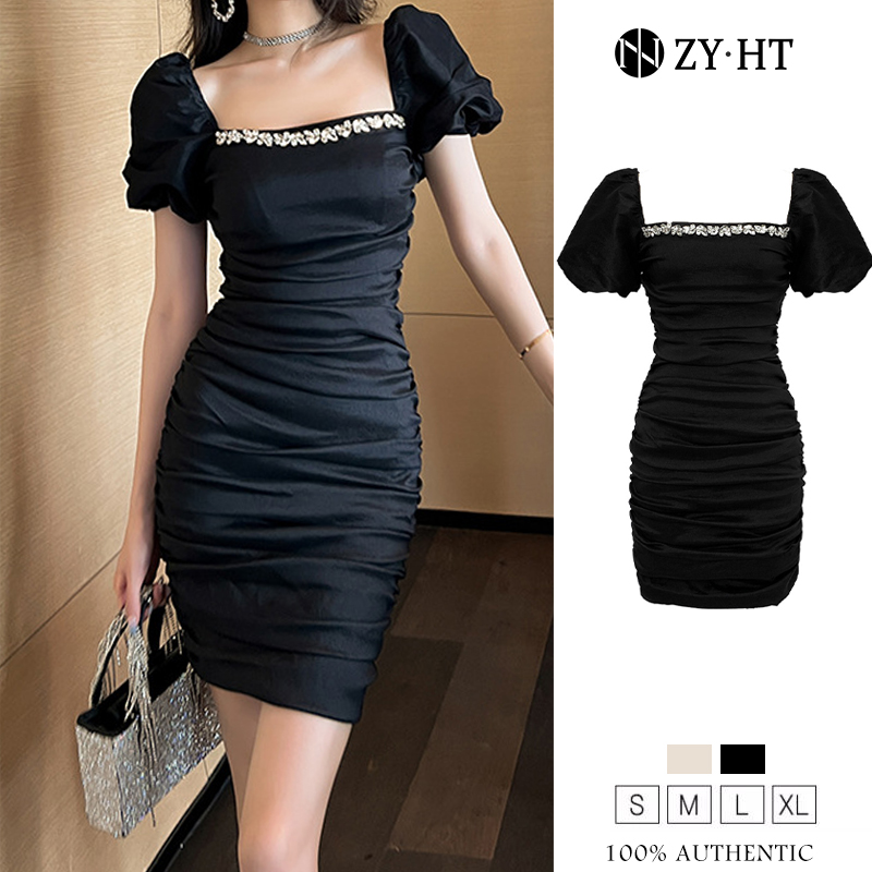 ZYHT eravogue chân váy trắng công chúa màu đen đầm nữ đầm body cổ áo vuông thiết kế xếp li đầm dự ti